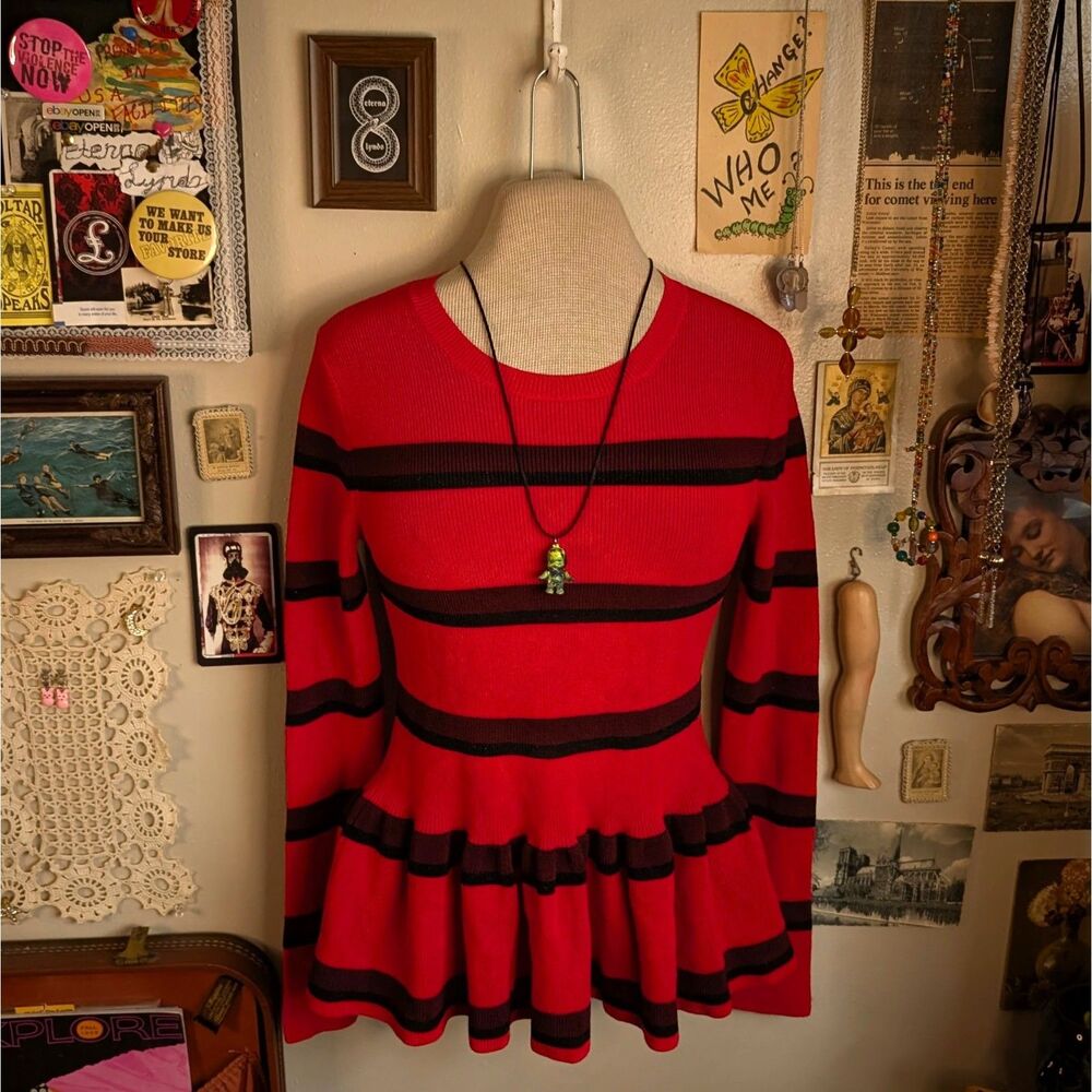 Striped Peplum Sweater Women's XS Red Black